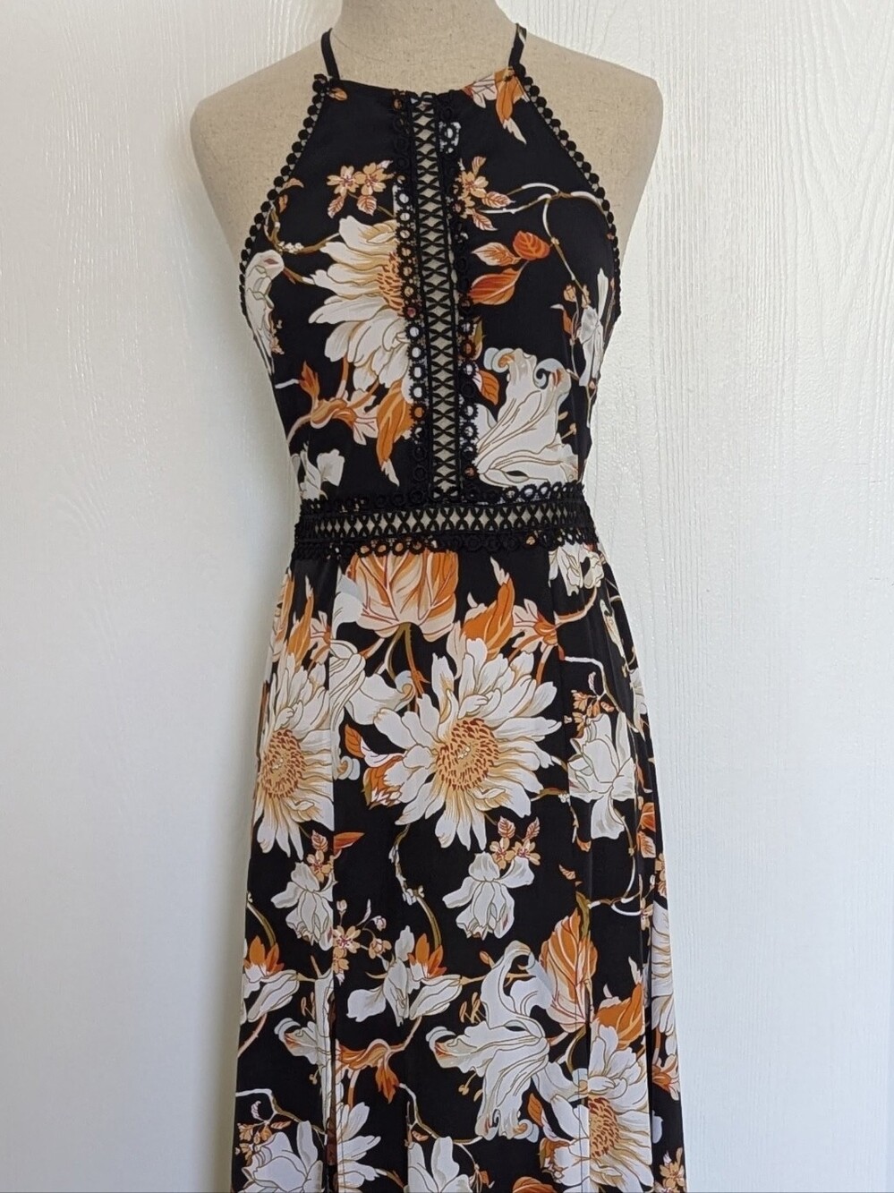 Long Full Length Halter Maxi Dress w/ Lace Trim, Tie Back, Split Thigh, & Floral